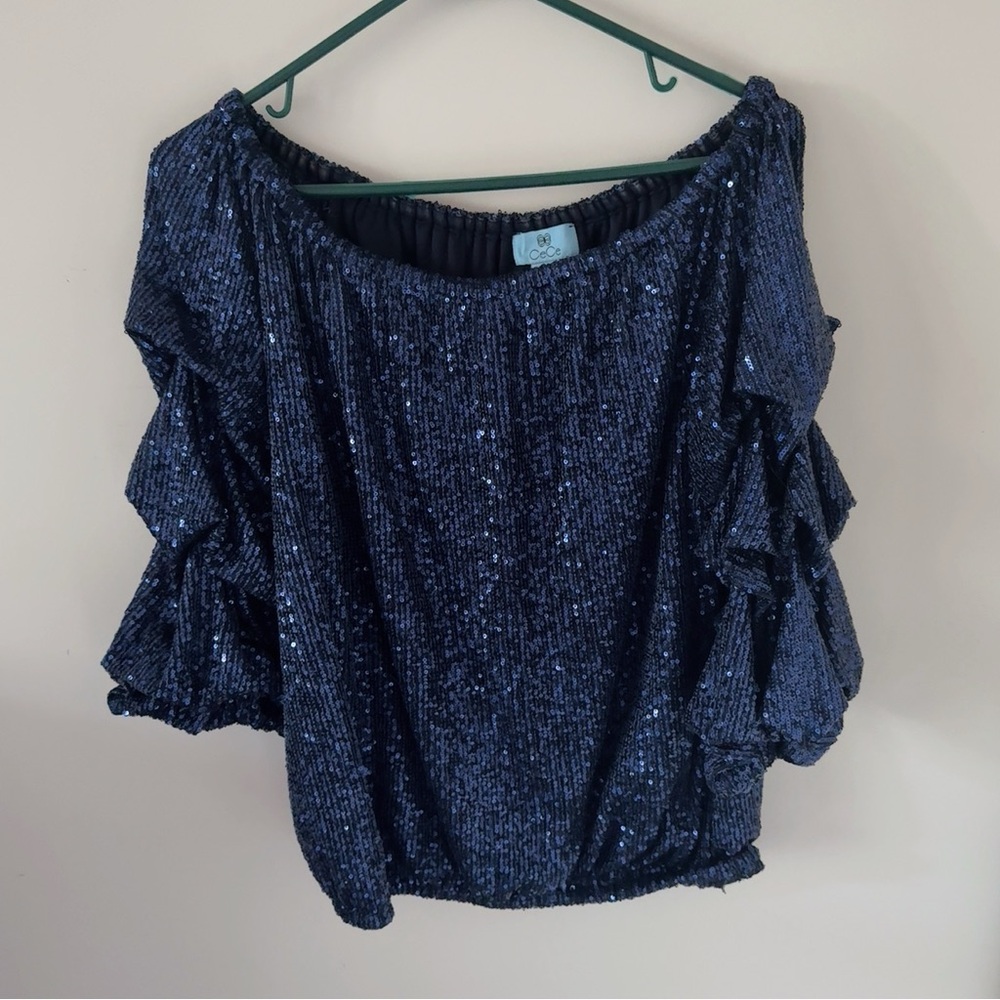 Cece blue sequin bell sleeve off shoulder blouse size medium